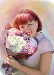 Портрет женщины с букетом цветов на ярком фоне в стиле Под масло, художник Софья 