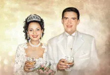 Парный свадебный портрет Под масло, девушка в белом свадебном платье и молодой человек в белом классическом костюме изображены на нейтральном светлом фоне, художник Анастасия 