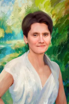Портрет кареглазой женщины с короткой стрижкой выполнен в стиле Под масло, художник Юлия 