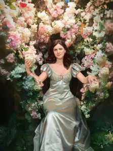 Портрет девушки в белом платье в цветущем саду на фоне цветов, стиль Под масло, художник Валерия 
