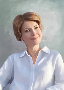 Портрет женщины в белой классической рубашке на нейтральном фоне в стиле Под масло, художник Софья 