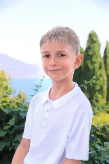 Портрет мальчика в белой поло рубашке на фоне природы Под масло, художник Софья 