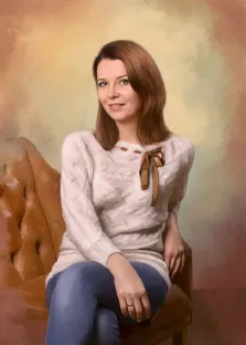 Портрет девушки с каштановыми волосами и карими глазами, девушка одета в белый свитер и сидит на кожаном кресле, Под масло, художник Софья 
