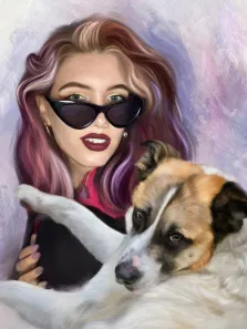 Портрет девушки с тёмными волнистыми волосами, накрашенными тёмными губами и в солнцезащитных очках, рядом с девушкой собака, картина Под масло, художник Александра 
