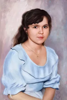 Портрет девушки в голубом платье с тёмными глазами в стиле Под масло, художник Александра 