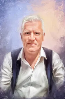Портрет пожилого кареглазого мужчины в белой рубашке и жилетке в стиле Под масло, художник Анастасия 