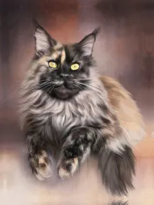 Портрет кота породы "мейн-кун" на абстрактном фоне в стиле Под масло, художник Антонина