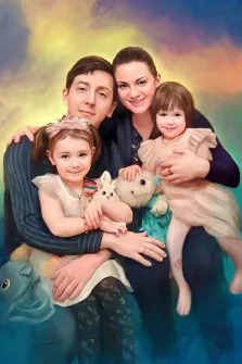 Семейный портрет Под масло: мать, отец и две дочки, цветной абстрактный фон, художник Артём