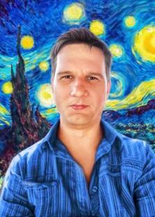 Портрет мужчины в стиле Под масло на фоне картины Ван Гога "Звёздная ночь", художник Мария 