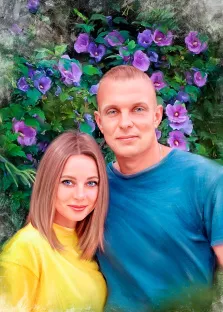 Портрет молодой пары на фоне цветов в стиле Под масло, художник Софья 