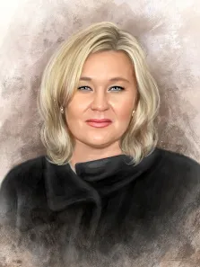 Портрет голубоглазой женщины блондинки в чёрной мантии выполнен в стиле Под масло на нейтральном светлом фоне, художник Анастасия 
