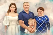 Семейный портрет Под масло: отец, мать, дочка и сын на нейтральном фоне, художник Анастасия 