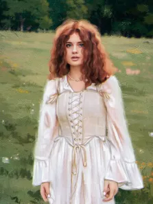 Портрет девушки с кудрявыми волосами в белом летнем платье с корсетом, портрет Под масло , художник Виктория 
