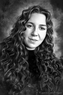 Портрет девушки с длинными кудрявыми волосами в стиле Под масло в чёрно-белых красках, художник Анастасия 
