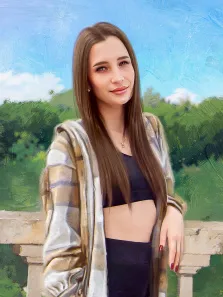 Портрет девушки на фоне природы с длинными каштановыми волосами, стиль Под масло, художник Виктория 