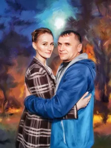 Мужчина и женщина обнимаются на ярком абстрактном фоне, Под масло, художник Александра 