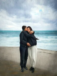 Портрет отца и взрослой дочки на фоне моря в стиле Под масло, художник Павел 
