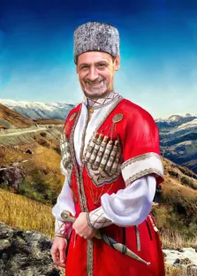 Портрет мужчины в образе казака на фоне гор в стиле Под масло, художник Артём