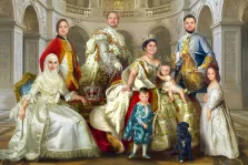 Семейный портрет в образе царской семьи из восьми человек в стиле Под масло, четверо из них - дети, художник Антонина