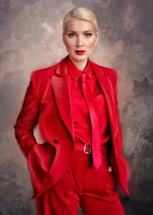 Портрет девушки блондинки с уложенной причёской, девушка полностью одета в деловой костюм яркого красного цвета, стиль Под масло, художник Анна