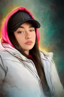 Портрет кареглазой девушки в кепке и в белой зимней куртке, портрет в стиле Под масло на абстрактном фоне, художник Виктория 