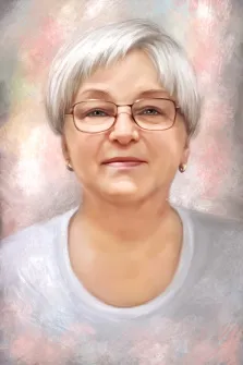 Портрет пожилой женщины с короткой стрижкой и в очках в стиле Под масло на светлом нейтральном фоне, художник Анастасия 