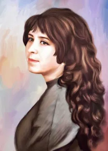 Портрет девушки с длинными каштановыми волосами в стиле Под масло на нейтральном светлом фоне, художник Александра 