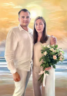 Портрет пары в стиле Под масло, молодой человек в белой рубашке и белых штанах и девушка в белом платье с букетом цветов в руках изображены на фоне моря, художник Александра 