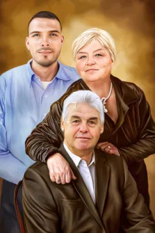 Портрет семьи из трёх человек в стиле Под масло на золотом фоне, художник Мария 