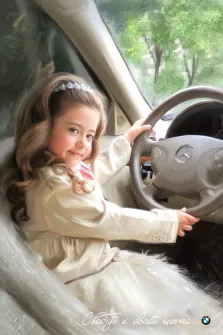 Портрет девочки в белом платье с волнистыми волосами за рулем автомобиля марки "Мерседес" в стиле Под масло, художник Александра 