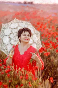 Портрет женщины в красном платье и с зонтиком в маковом поле, стиль Под масло, художник Александра 