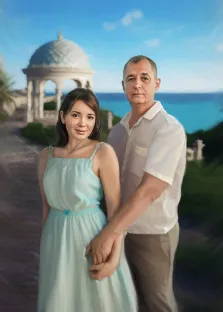Парный портрет Под масло на фоне моря, мужчина в белой рубашке с короткими рукавами и девушка в голубом платье, художник Павел 