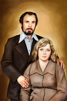 Парный портрет Под масло, бородатый мужчина в строгом коричневом костюме и женщина блондинка изображены на нейтральном фоне, художник Артём