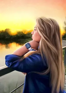 Портрет девушки со светлыми волосами на фоне озера, стиль Под масло, художник Артём