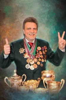 Портрет мужчины с медалями и наградами в стиле Под масло на абстрактном фоне, художник Виктория 