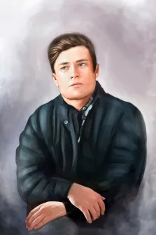 Портрет русоволосого молодого человека в чёрной куртке выполнен в стиле Под масло на нейтральном фоне, художник Артём
