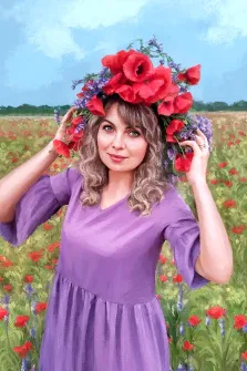 Женский портрет Под масло: девушка в лёгком фиолетовом платье с венком из цветов на голове стоит в маковом поле, художник Софья 
