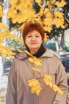 Портрет женщины в пальто и с короткой стрижкой на фоне осенней листвы, стиль Под масло, художник Виктория 