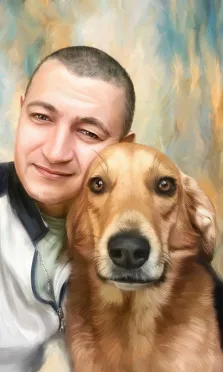 Портрет кареглазого мужчины с собакой с прорисовкой Под масло на абстрактном цветном фоне, художник Александра 