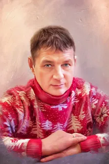 Портрет голубоглазого мужчины в новогоднем красном свитере на нейтральном фоне в стиле Под масло, художник Анна