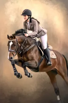 Портрет девушки верхом на коне в стиле Под масло на нейтральном коричневом фоне, художник Анастасия 