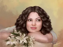 Портрет кареглазой женщины с волнистыми волосами на нейтральном фоне в стиле Под масло, художник Софья 