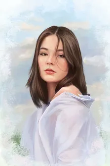 Портрет кареглазой девушки в белой рубашке на фоне природы в стиле Под масло, художник Софья 