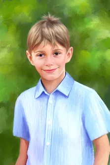 Портрет кареглазого мальчика в голубой рубашке с короткими рукавами выполнен в стиле Под масло на нейтральном зелёном фоне, художник Софья 