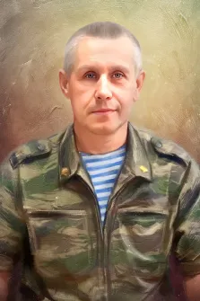 Портрет мужчины в синей тельняшке и в военной форме выполнен в стиле Под масло на нейтральном фоне, художник Виктория 