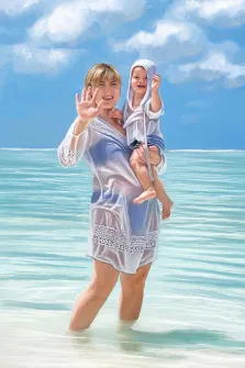 Портрет женщины с ребёнком на руках на фоне моря в стиле Под масло, художник Софья 