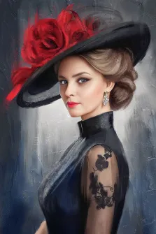 Портрет девушки с чёрной шляпкой в стиле Под масло на абстрактом фоне, художник Юлия 