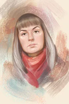 Портрет на заказ, художник Софья, портрет девушки с красным шарфом в стиле акварель 