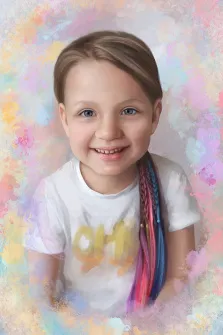 Детский Портрет на заказ, картина нарисована маслом, русоволосая девочка с голубыми глазами на разноцветном фоне, художник Софья 