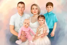 Семейный Портрет маслом на пять человек: один мальчик, две девочки и отец с матерью, художник Анастасия 